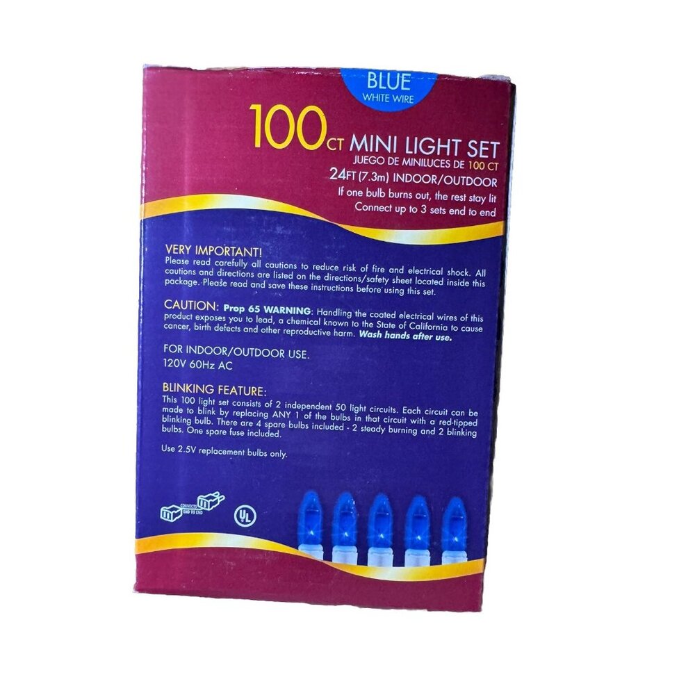 100 Ct Blue Mini Light Set With White Wire Indoor/Outdoor 24Ft String Connectabl - Picture 3 of 4